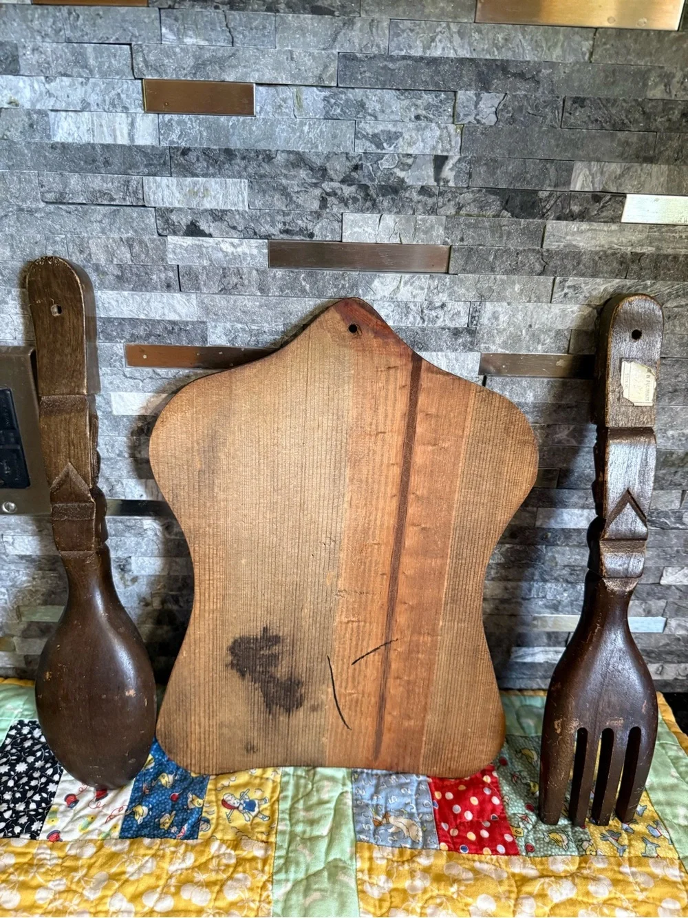 Vintage Granny Core Wall Art Wooden Utensils and Cork Board w Hooks Set